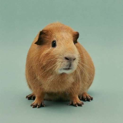 A guinea pig sitting calmly against a plain pastel background